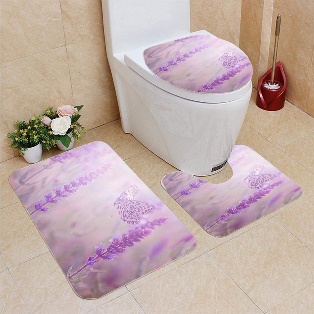 GOHAO Lavender Flowers an Butterfly 3 Piece Bathroom Rugs Set Bath Rug