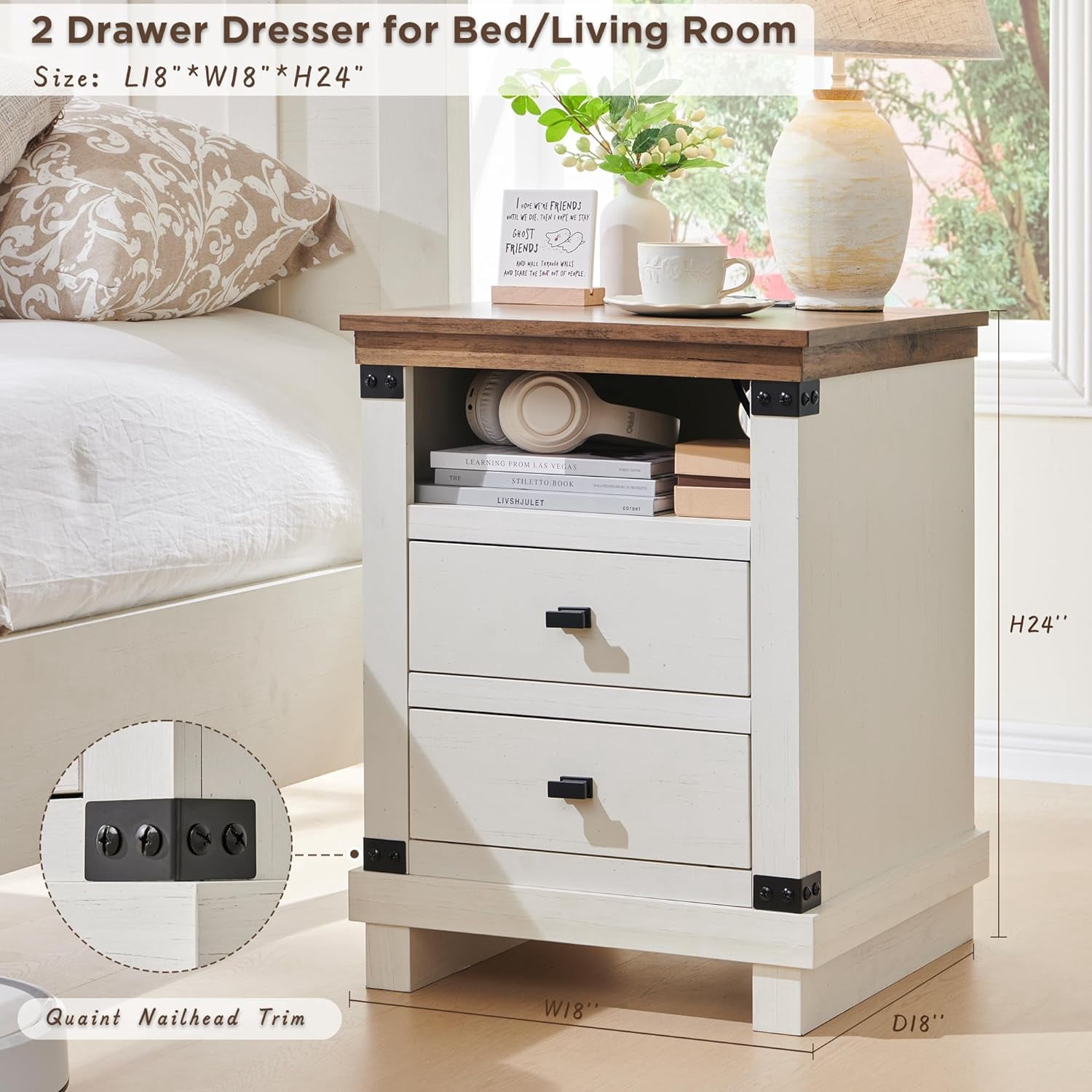 OKD Farmhouse 18" Nightstand with Charging Station, Rustic Metal Wood End Tables with Adjustable Shelves, Side Tables，Antique White