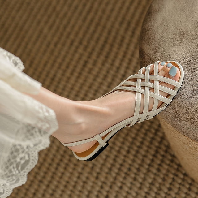 Sandalias tejidas de estilo romano, sandalias huecas de tacón bajo Retro francés planas a la moda de verano para mujer