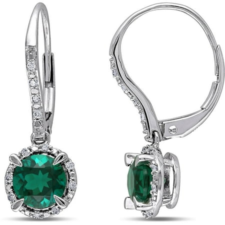 1-3/4 Carat T.G.W. Created Emerald and Diamond Accent 10kt White Gold Leverback Halo Earrings