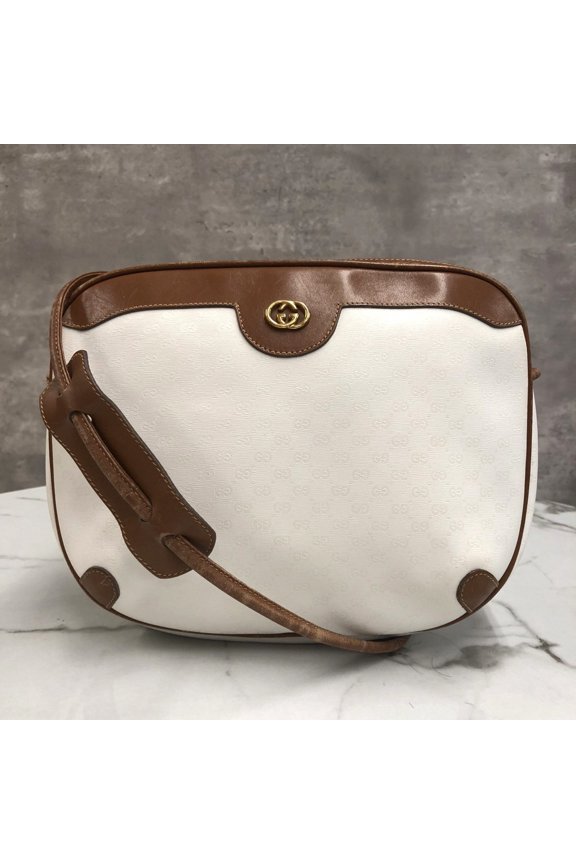 Pre-Owned GUCCI Old Gucci 001 104 0558 Shoulder Bag in White and Brown with Micro GG Leather,...