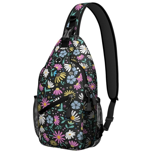 Yellow Floral Sunflower Pattern Sling Backpack, Boho Country Crossbody Shoulder Bag with Wildflower Bloom and Rustic Summer Design Daypack
