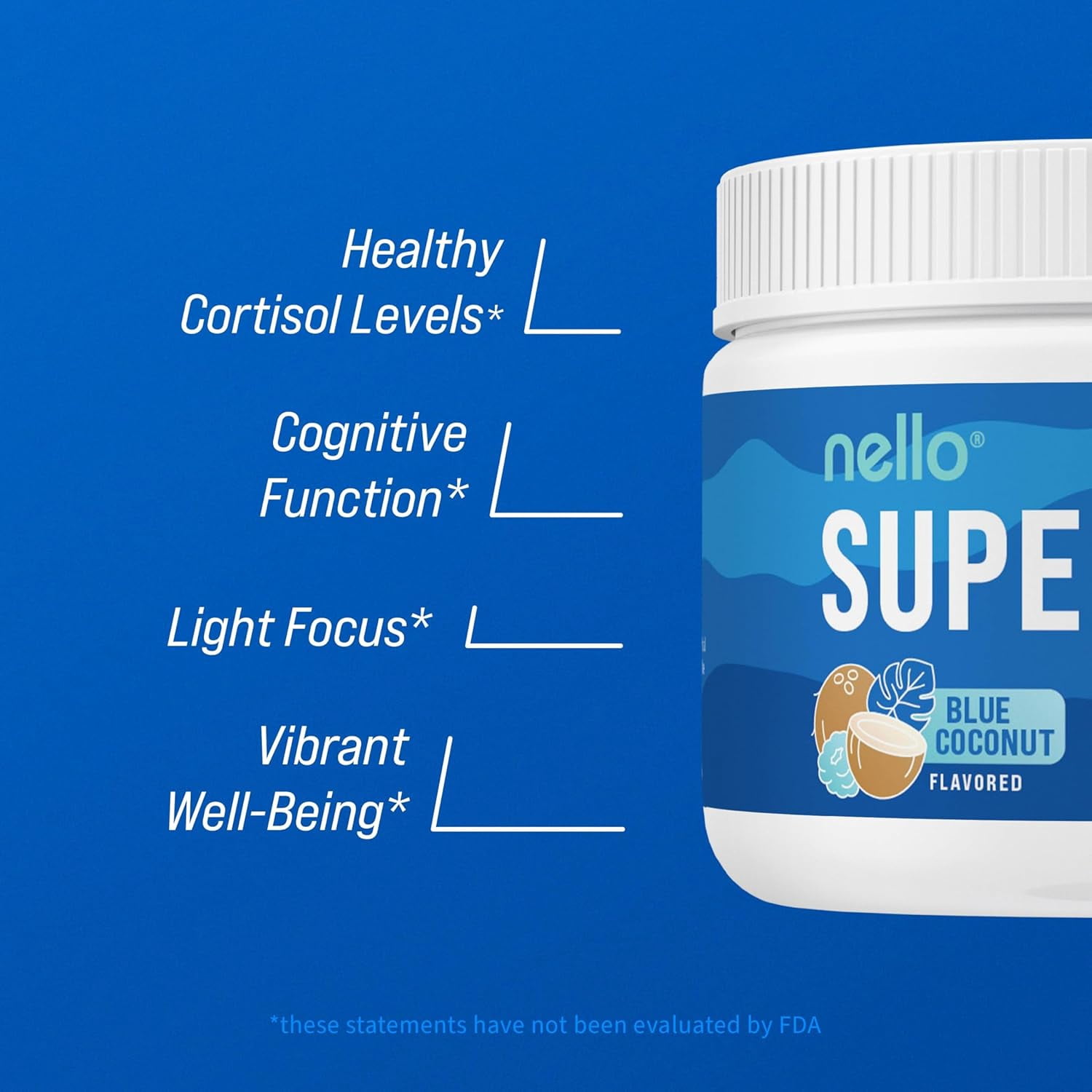 Nello Supercalm Drink Mix - Ashwagandha KSM 66, Magnesium Glycinate & L-Theanine Supplement - Ashwagandha Root Extract - Focus and Relaxation Support (30 Serving Tub) - Blue Coconut