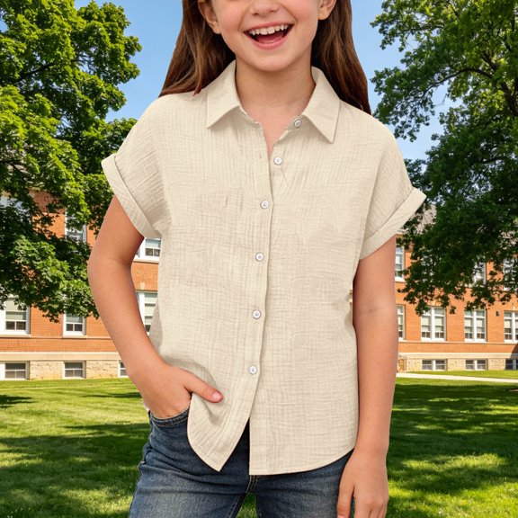 UACY Girls Casual Cotton Linen Button Down Short Sleeve Shirts Solid Summer Beach Blouses Tops with Pocket (Beige, 3-4 Years)