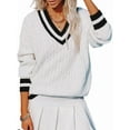 thumbnail image 2 of Women'S Casual V Neck Long Sleeve Sweater Trendy Striped Pullover Cable Knit Preppy Sweaters White XS, 2 of 10