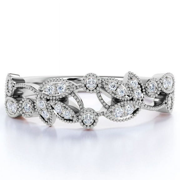 JeenMata 0.30 ct Diamond Anniversary Ring - Vintage Style - Milgrain - Stackable Ring - 10K White Gold