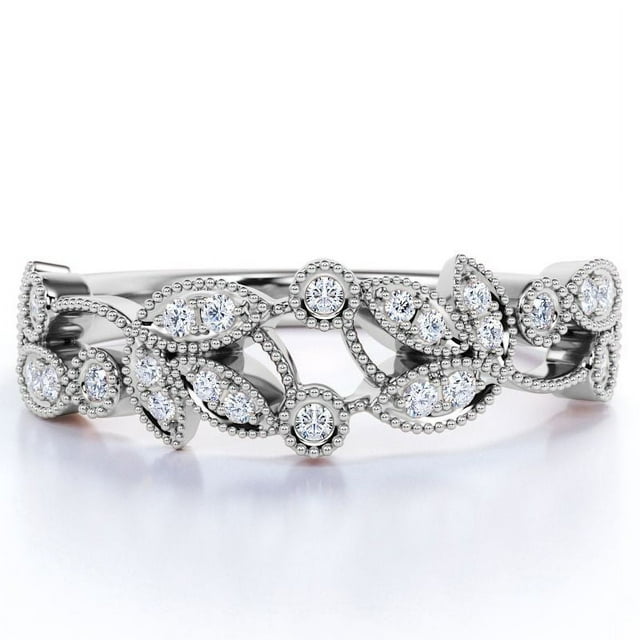JeenMata .30 ct Diamond Wedding Band - Vintage Style - Milgrain - Stackable Ring - 10K White Gold