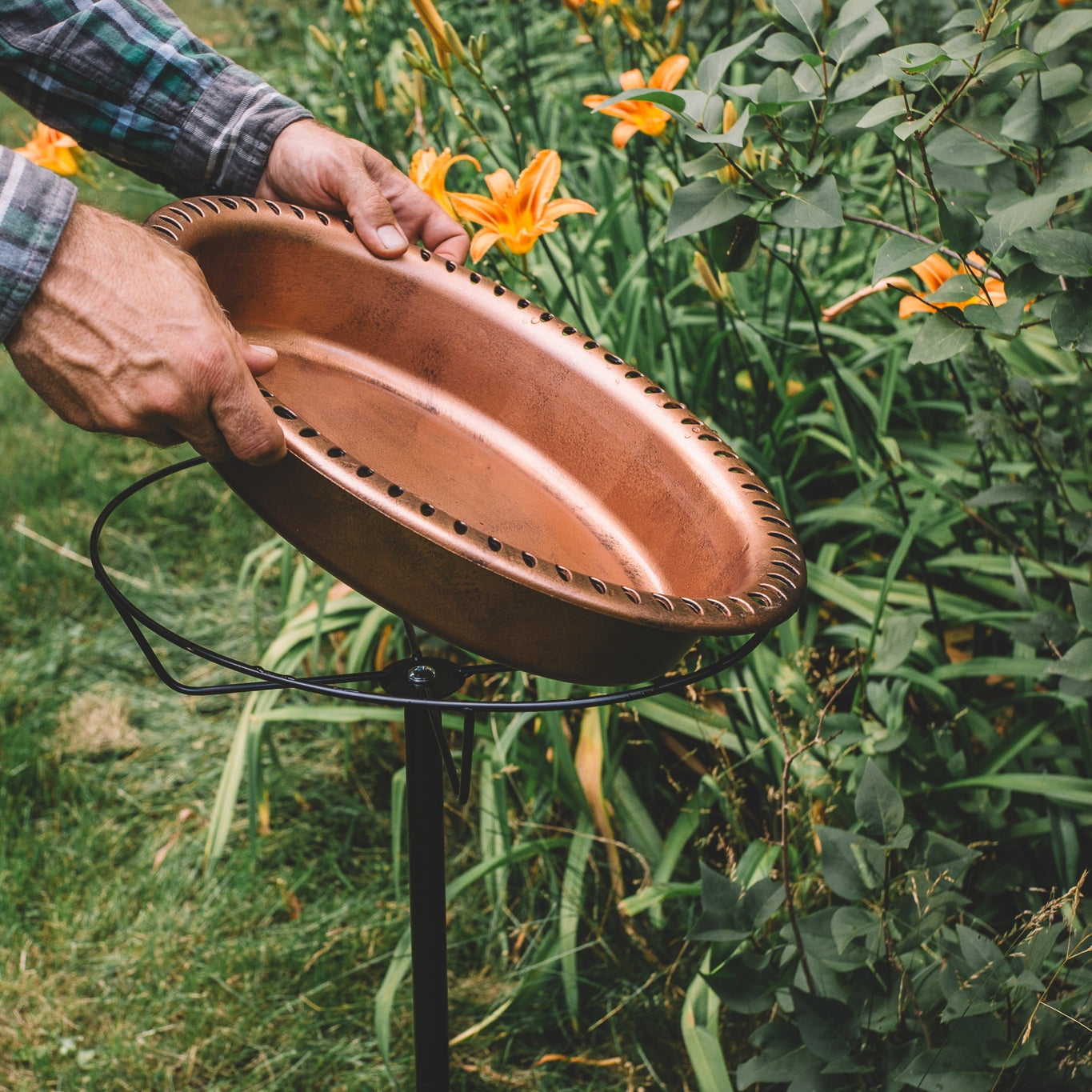 Backyard Expressions Oval Copper Finish Resin Garden Bird Bath with Ground Stake