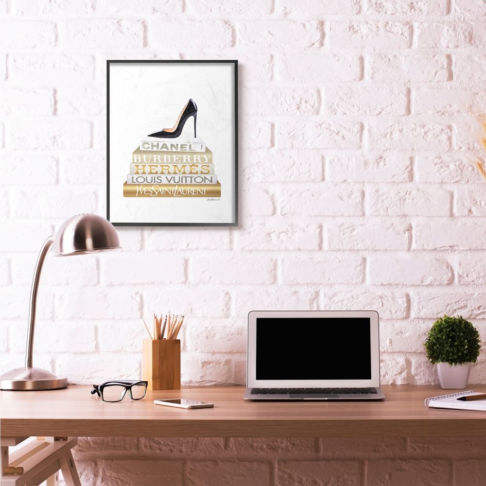 Stupell Industries Black Heels Gold White Bookstack Glam Fashion Design Framed Wall Art by Amanda Greenwood