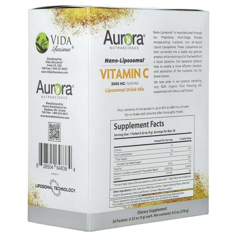 Aurora Nutrascience Nano-Liposomal® Vitamin C, 3,000 mg, 30 Packets, 0.32  oz (9 g) Each