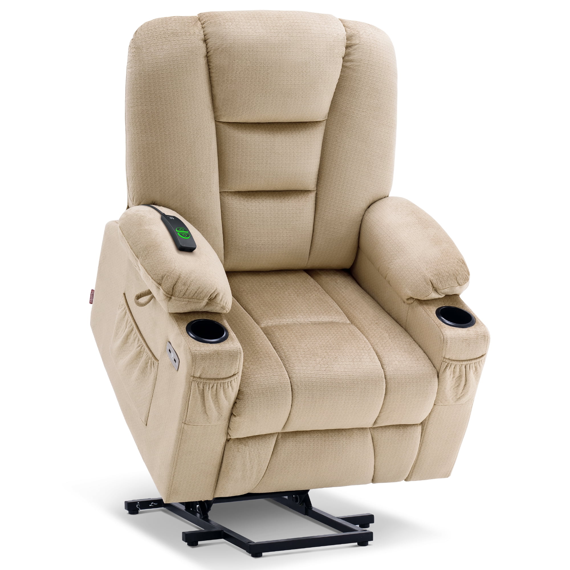 MCombo Power Lift Recliner Chair Sofa with Massage and Heat for Elderly People, Extended Footrest, Hand Remote Control, Cup Holders, USB Ports, Fabric 7529 (Medium, Beige)