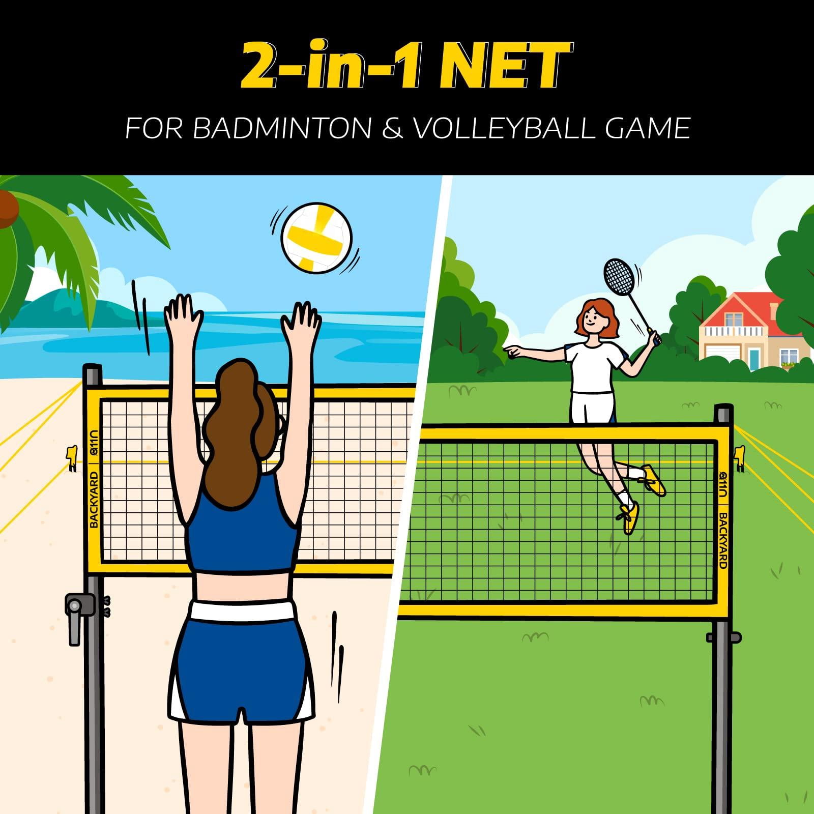 Outdoor Volleyball And Badminton Combo Set - Includes Adjustable Height Anti-sag Net  Air Pump 4 Rackets 2 Shuttlecocks Boundary Line Marker Carrying Bag