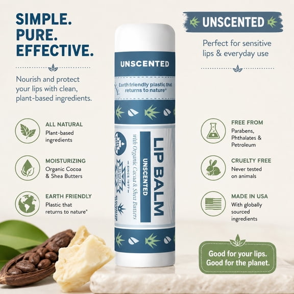 Soothing Touch Unscented Vegan Lip Balm – Natural Lip Moisturizer with Organic Cocoa and Shea Butter, 0.25 oz Tubes, Pack of 12