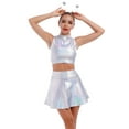 thumbnail image 5 of Women's 3Piece Metallic Outfit Shiny Crop Top + Silver Flared Skirt + Alien Headband Halloween Costume Clubwear Musical Festival Rave Outfit XXL Holographic Silver - Turtleneck, 5 of 8