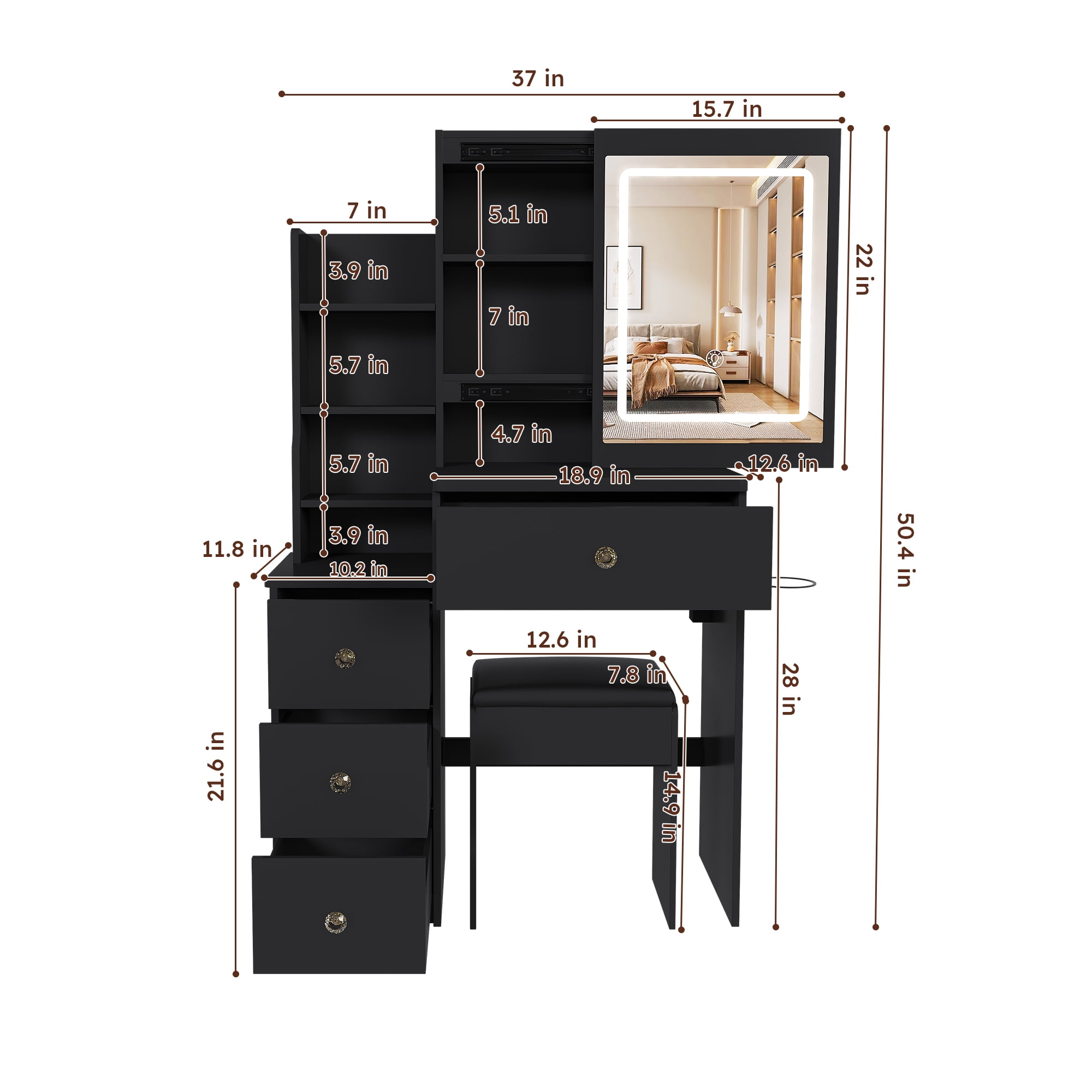 Mintazer Modern Vanity Desk Set with LED Lighted Mirror & Stool, Makeup Vanity with Power Outlet, Hair Dryer Holder, 4 Drawers & Open Shelves, Black