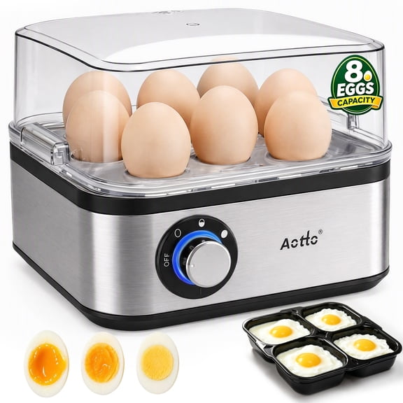 Aotto 8 Eggs Electric Egg Cooker, 500W Rapid Egg Boiler, Soft, Medium, Hard Boiled, Poached, Omelet Maker, with Auto Shut-Off, Beep Reminder