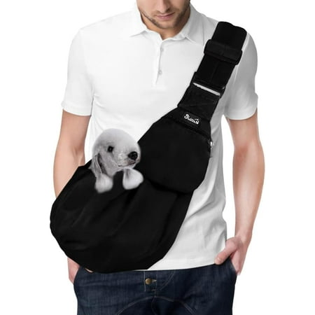Pet Sling  Hand Free Dog Sling Carrier Adjustable Padded Strap Tote Bag Breathable Cotton Shoulder Bag Front Pocket Safety Belt Carrying Small Dog Cat Puppy Machine Washable (Black  L)