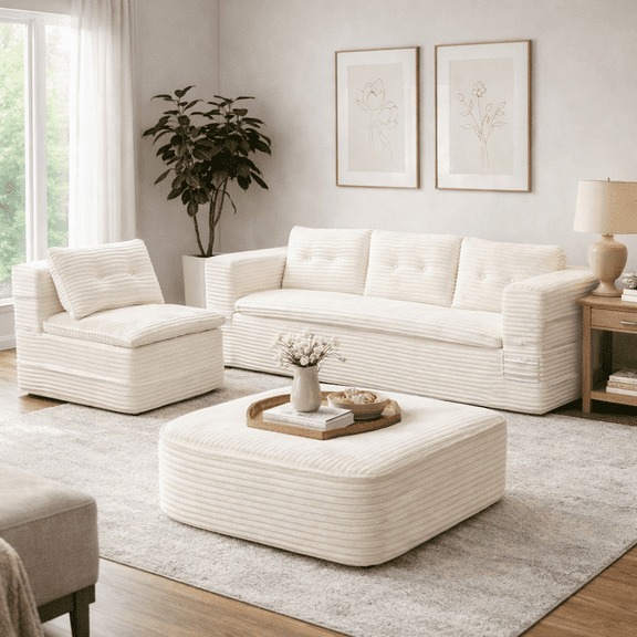 Multi Functional Sectional Sofa Bed with Independent Chaise Lounge and Functional Blanket,Plush Corduroy Sofa Couch,Convertible Sofa Bed,80" King Size Bed,Deep Seat Sofa,Beige old sku:W3219P339464