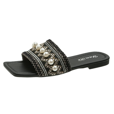 

ZHAGHMIN Bohemian Style Cloth Women Slippers Pearl Decoration Square Head Flat Bottom Flip Flops Female Non-Slip Weave Slides Slippers Black Size7.5