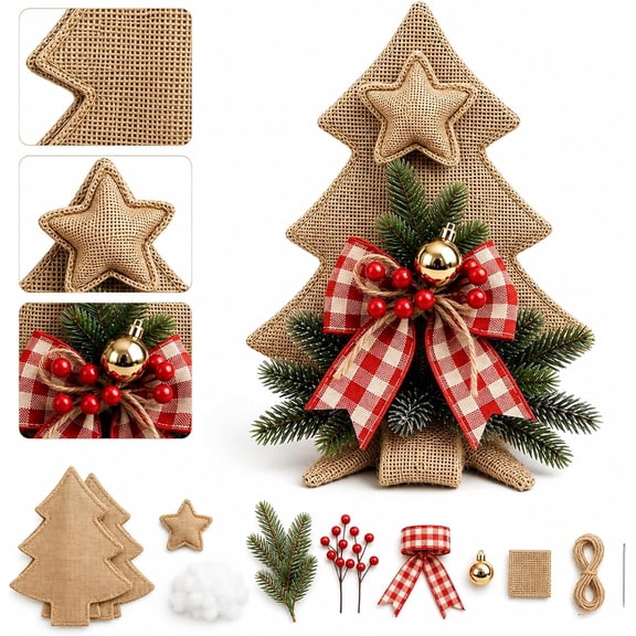 Rustic DIY Burlap Christmas Tree Kit, Handmade Holiday Craft Project | Farmhouse Christmas Decoration for Tabletop Display, Seasonal Home Decor