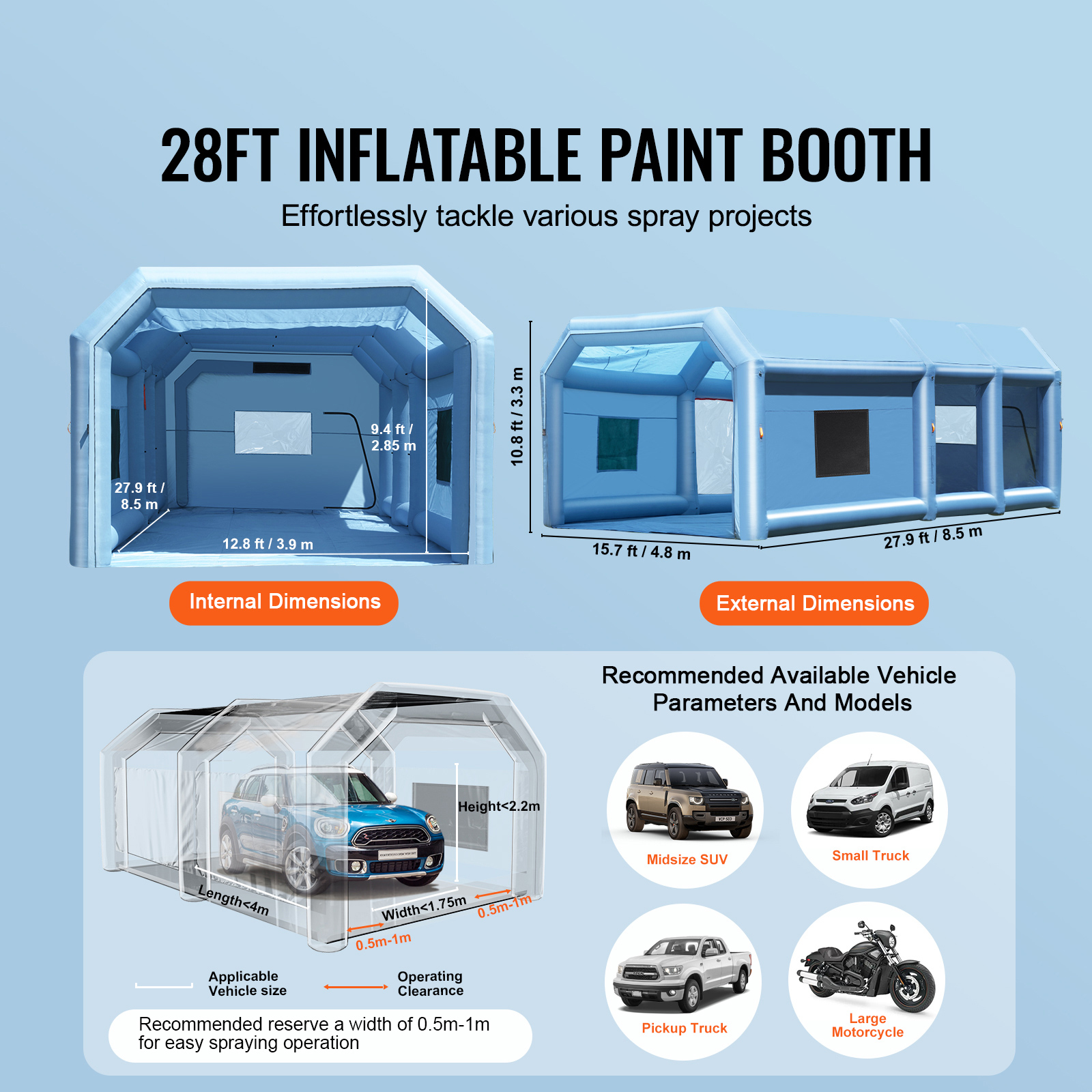 KFFKFF Inflatable Paint Booth, 27.9x15.7x10.8 ft, Includes 950W+750W Blowers, Air Filtration, Ideal for Small Trucks, Large Motorcycles, Midsize Vehicles