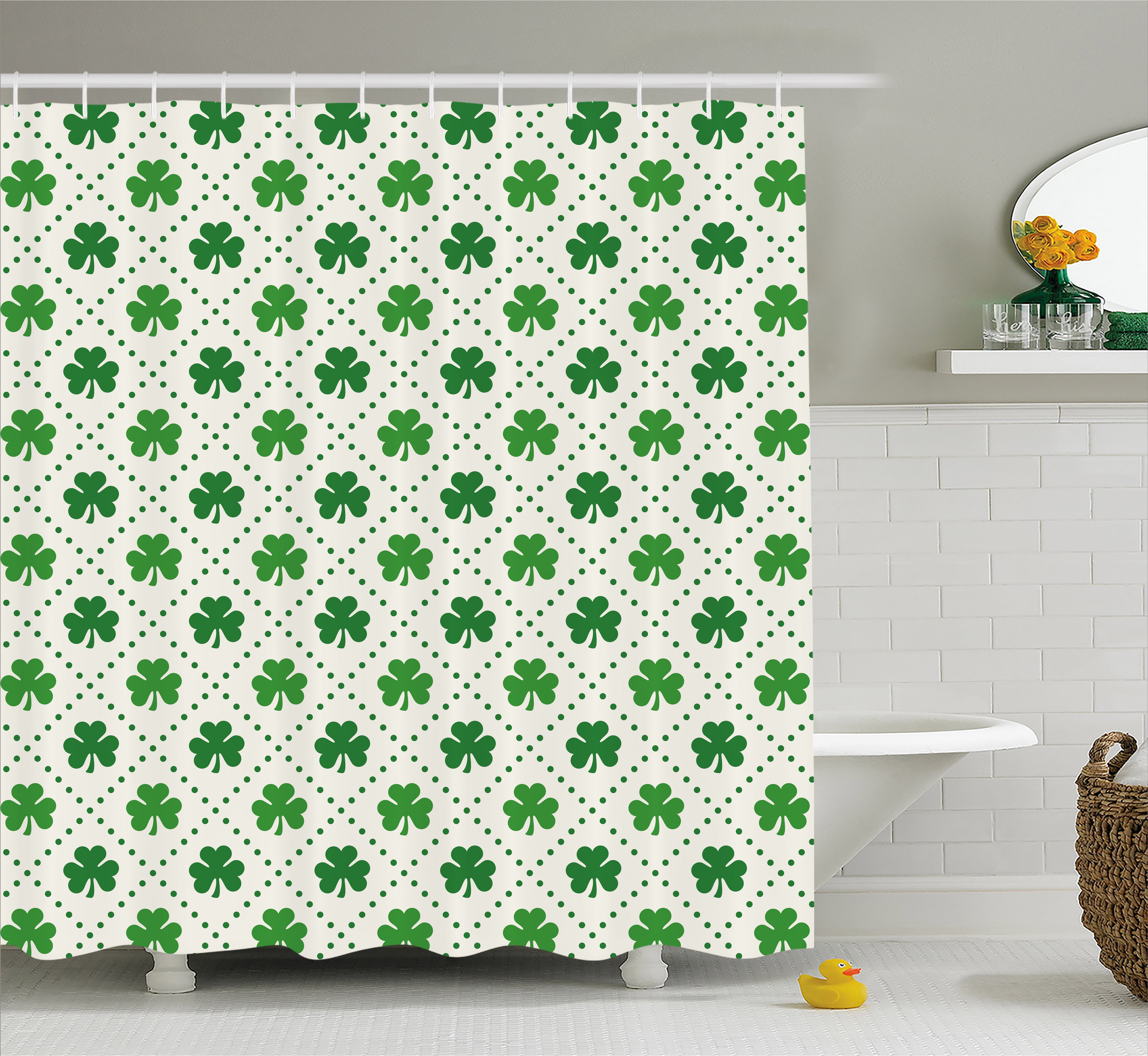 Irish Shower Curtain Four Leaf Shamrock Clover Flowers With Dotted Dashed Lines National Culture Symbol Fabric Bathroom Set Hooks Green White
