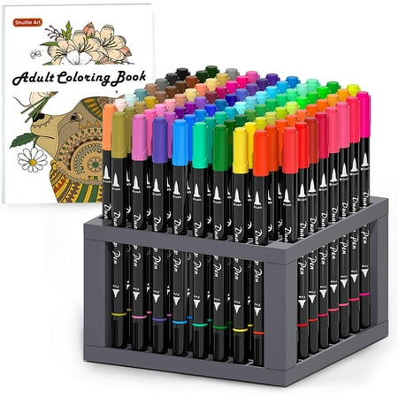 Dual Tip Brush Pens Art Markers, Shuttle Art 96 Colors Fine and Brush Dual Tip Markers Set with Pen Holder and 1 Coloring Book for Kids Adult Artist Coloring