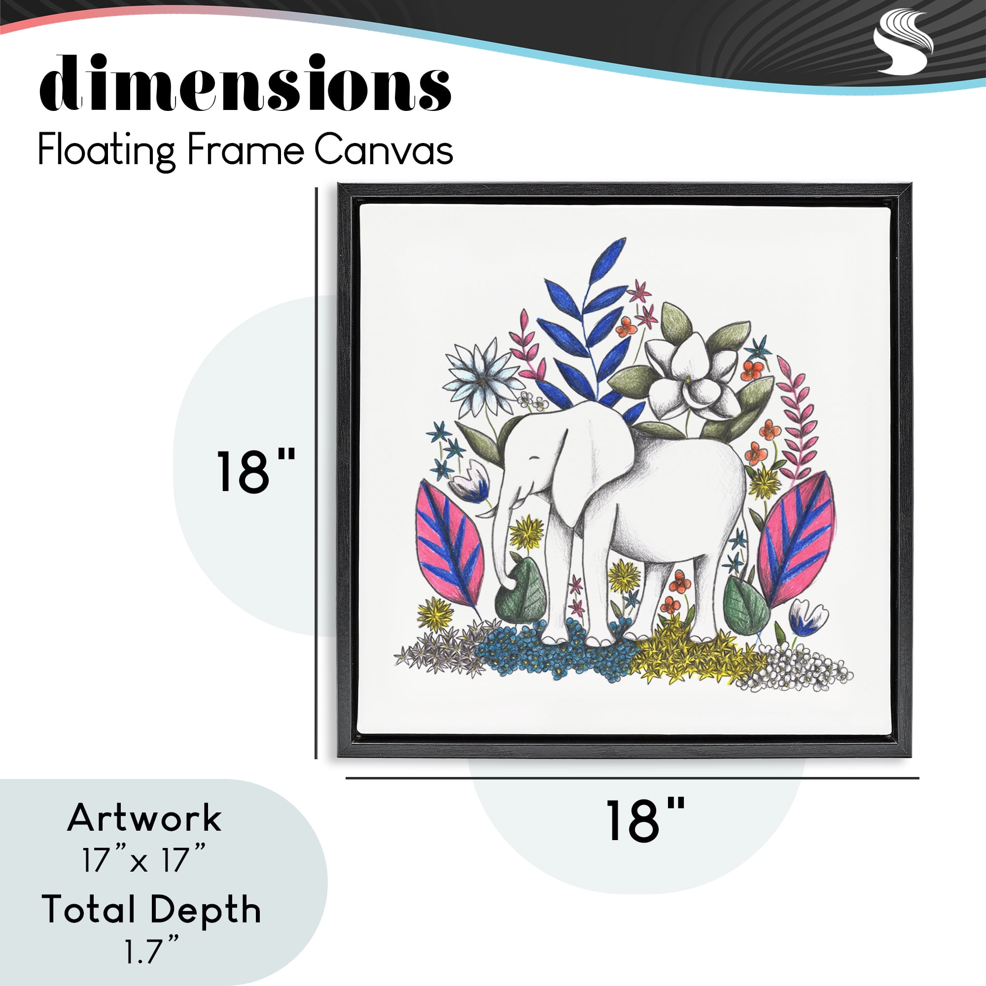 Elephant in Midst of Flowers Black Framed Floater Canvas Wall Art, design by Cecilia Battaini