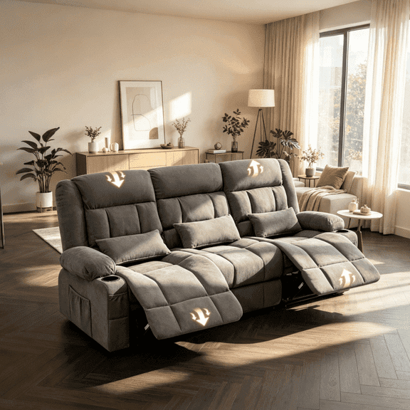 Gericco 84" Manual Reclining Sofa 3-Seat with Cup Holders Side Pockets for Living Room Home Theater,Gray