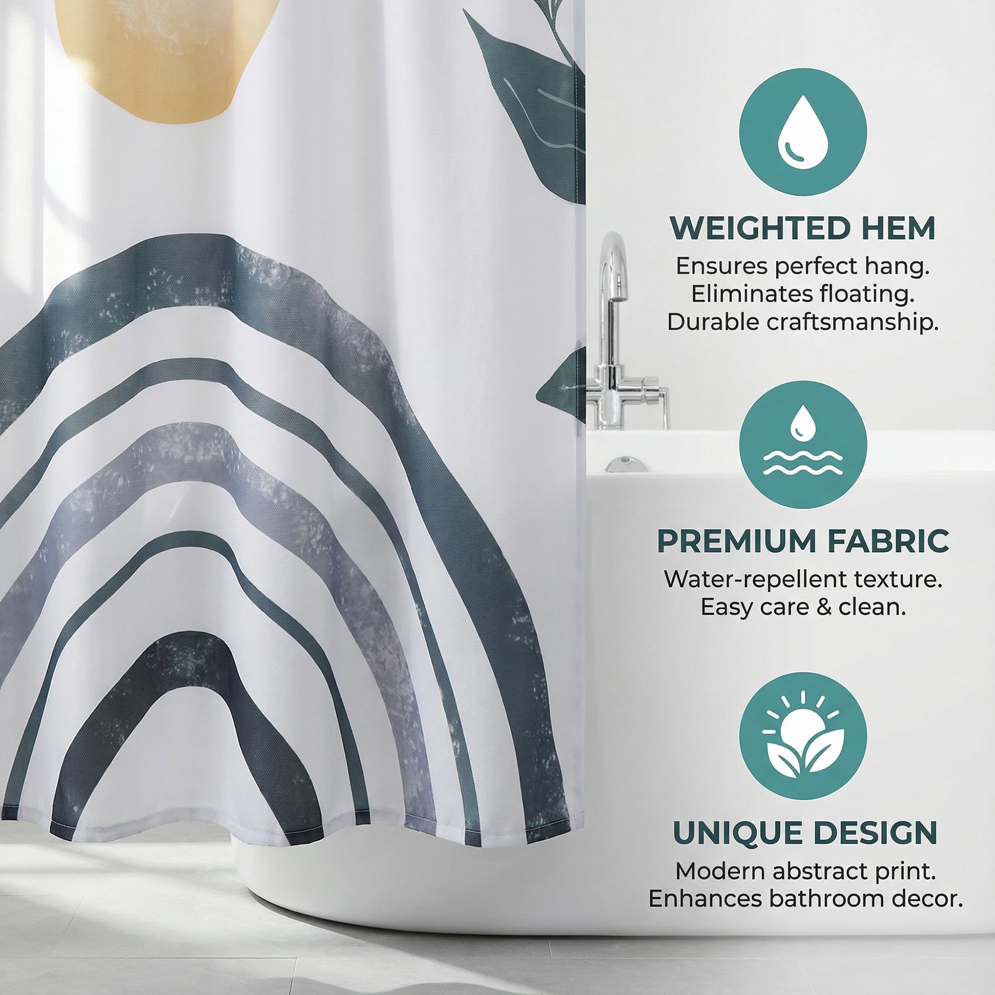 Unique Bargains Leaf Print Shower Curtain Bohemian Waterproof Set Grey Black 71"W x 71"L