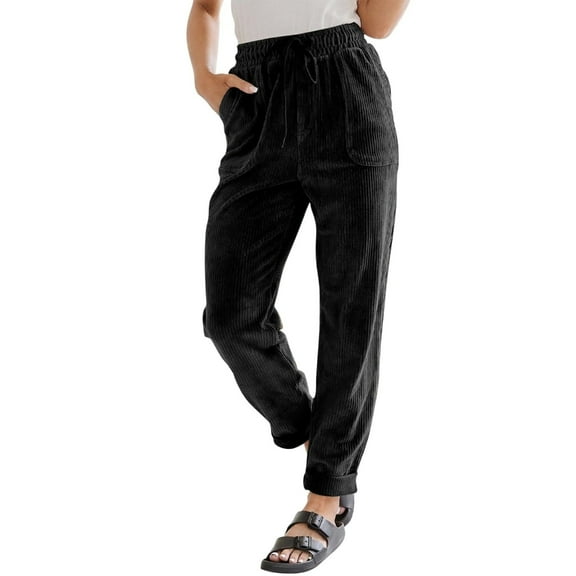 Trendy Women's Corduroy Casual Pants, Drawstring Elastic High-Waist Straight Leg Trousers, Loose Design