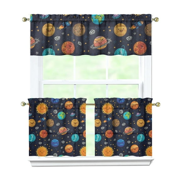 Kitchen Curtains 24 Inch Short - 3 Panel Set, Rod Pocket Window Curtain, 100% Polyester for Farmhouse, Cafe, Kitchen, Living Room, Bedroom, Galaxy & Space-Themed Design, Easy Wash