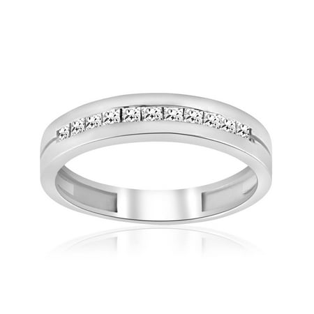 Princess Diamond Man Wedding Ring - 3/8ct Mens Princess Cut Diamond Polished Wedding Ring 14K White Gold