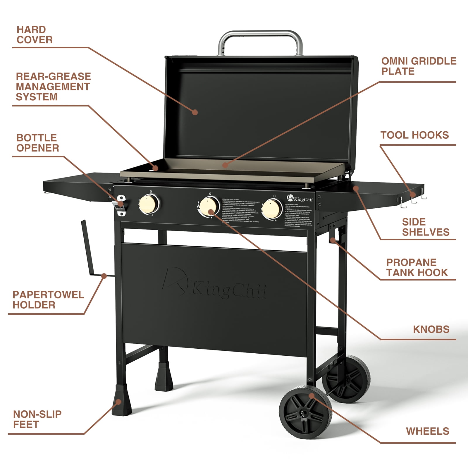 KingChii 3-Burner 27" Propane Griddle with Hard Cover for Camping, Tailgating, BBQ, Parties, Backyard & Patio