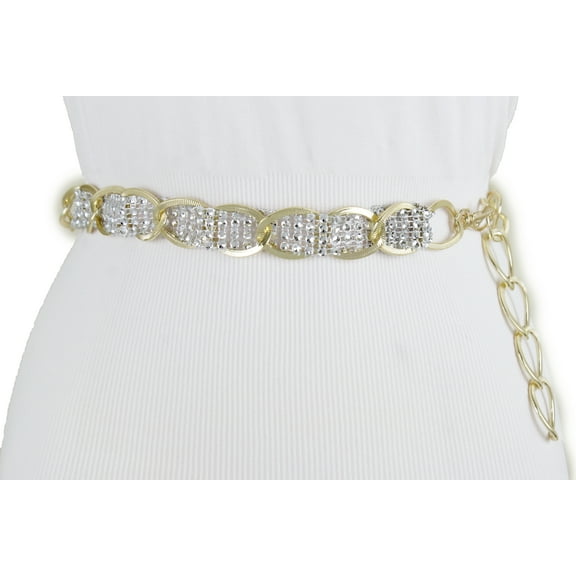 New Women Gold Metal Chain Links Silver Bling Detail Elegant Fashion Belt Size XS S M