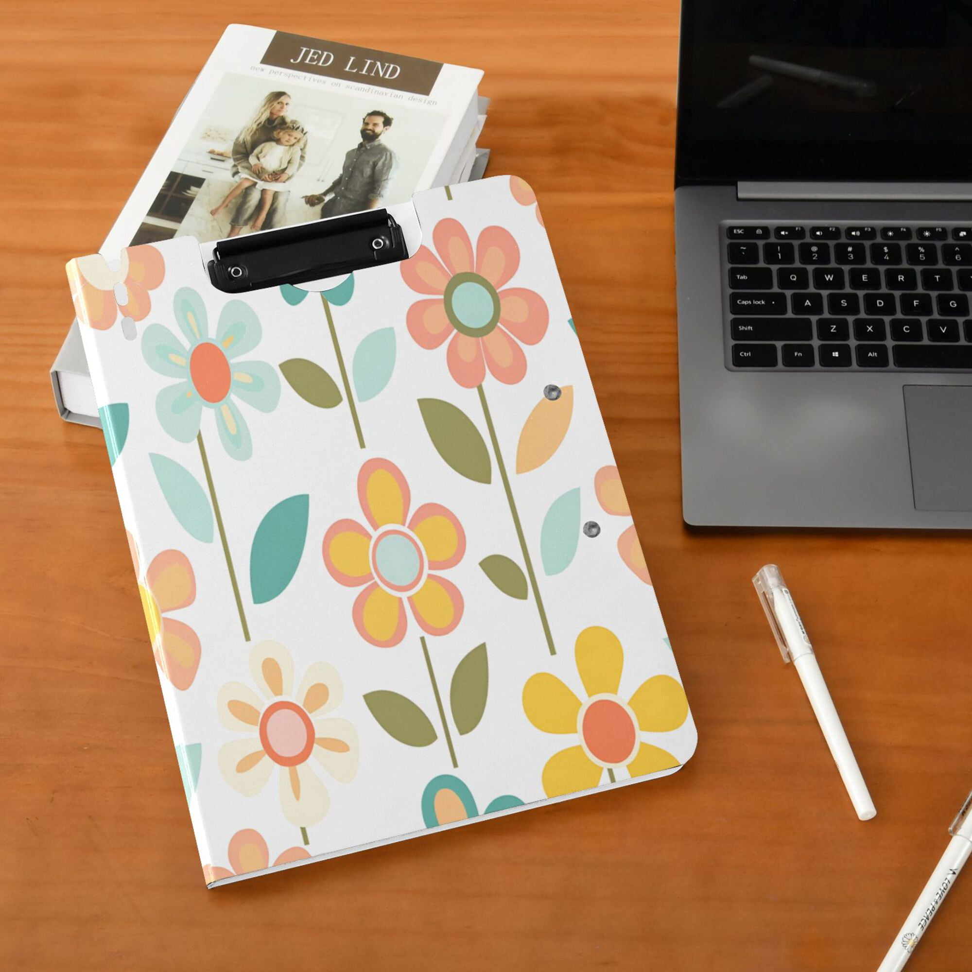 FORMRS A4 Clipboard Folder with Pen Holder Horizontal Foldable School Office Binder, Orange Retro Flower