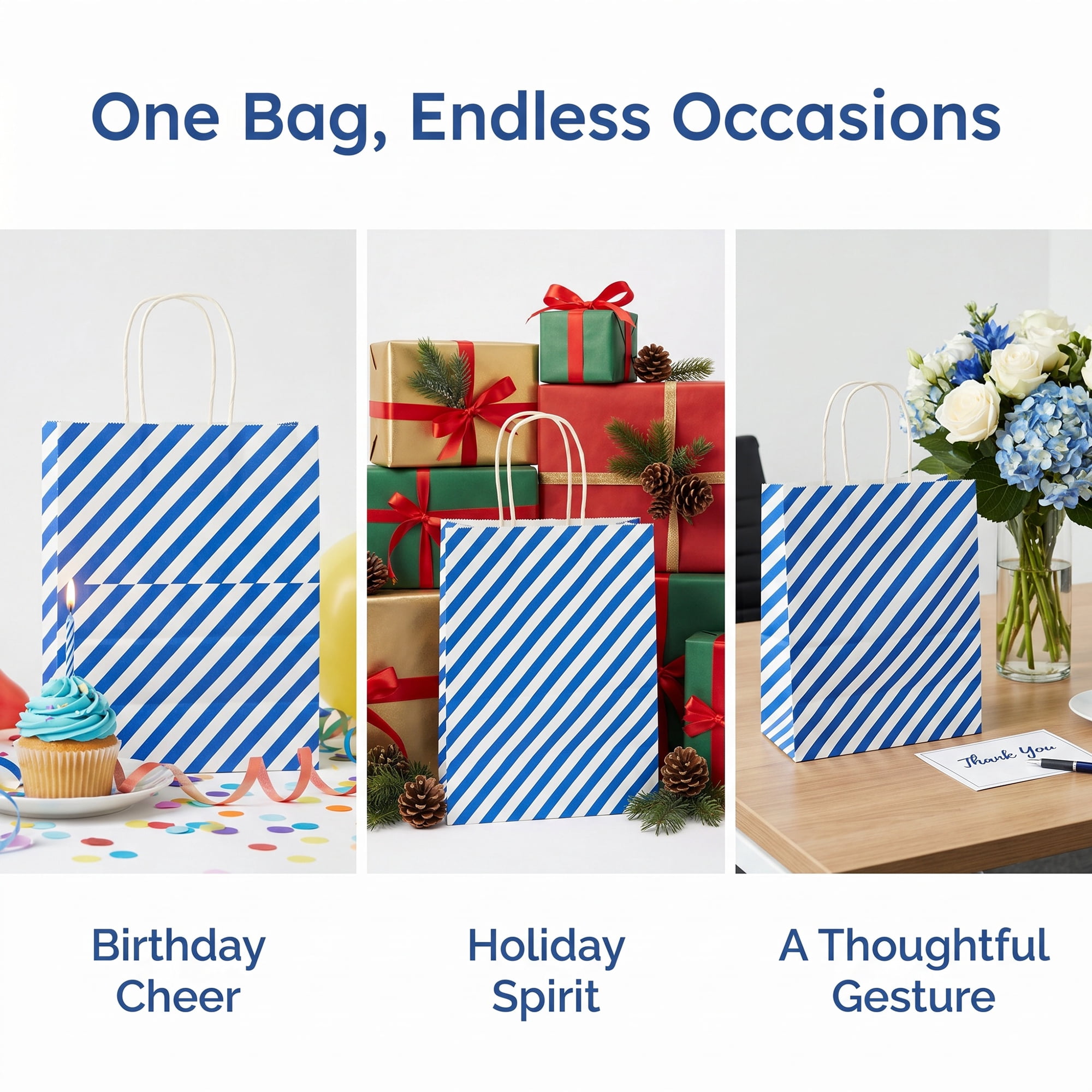 Unique Bargains 6Pcs Diagonal-stripe Gift Bag with Handles Royal Blue 8.7" x 4.3" x 10.6"