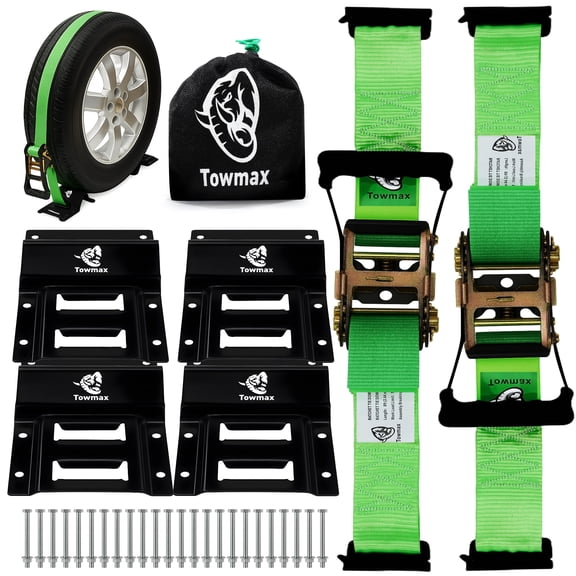 UTV Wheel Chock Tie-Down Kit - 4,500lb Break Strength Heavy Duty Trailer Tire Straps System - 2Pack 2" x 8' E Track Ratchet Straps for SXS, UTV, ATV, Lawn Mower (Bright Green)