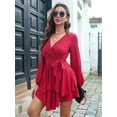 thumbnail image 4 of Women'S Short Dress Long Sleeve Deep V-Neck Waist Tie Ruffle Mini Swing - Dresses Wine Red XL, 4 of 8