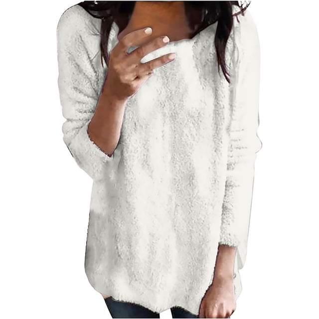 IMENGL Chandail à Col Rond en Peluche à Manches Longues Mince Mode pour Femmes, Blanc 5TG, Taille M-5TG