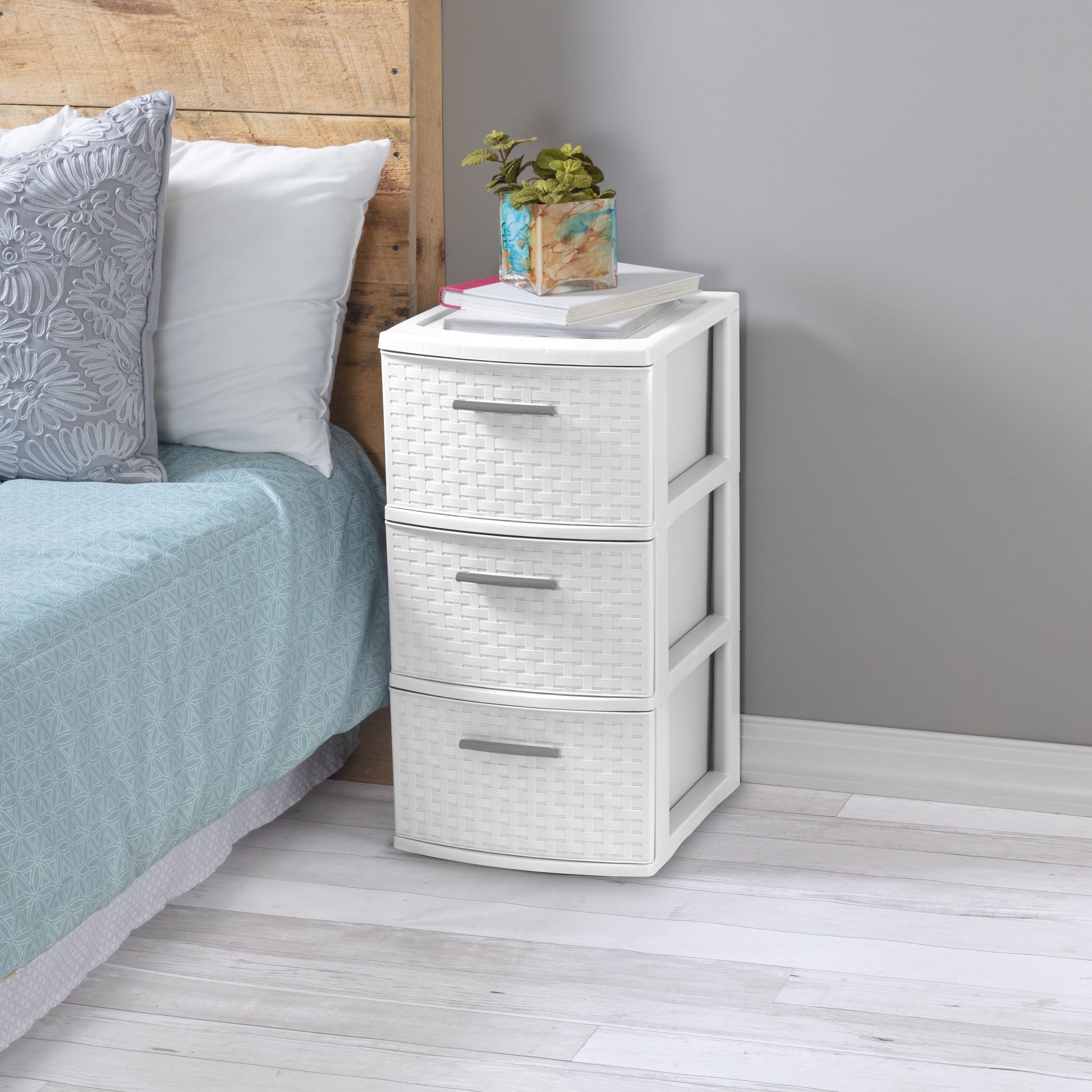 Sterilite 3 Drawer Weave Tower, Plastic Décor Drawers with Pull Handles, White