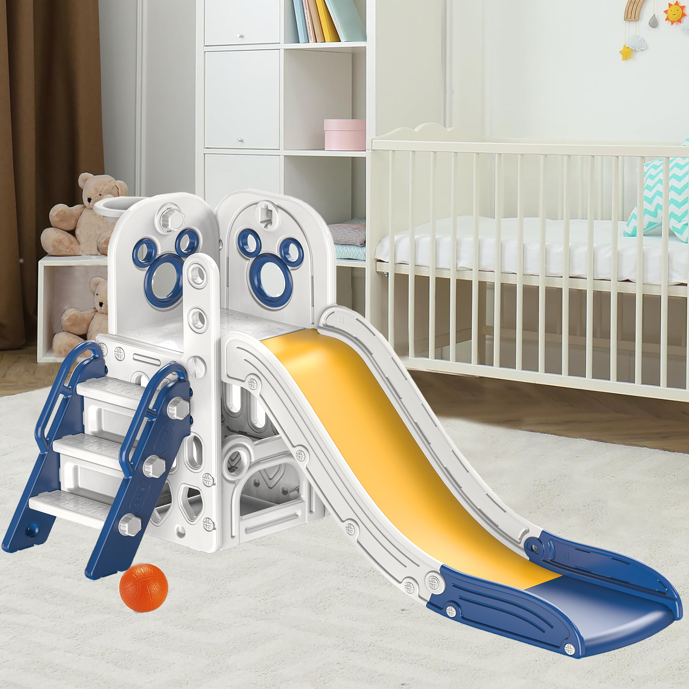 Zifadola Sturdy Kids Slide, 4 in 1 Toddler Slide and Climber Playset with Basketball Hoop, Blue