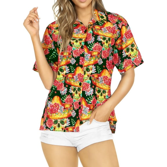 HAPPY BAY Women's Beach Halloween Costumes Hawaiian Shirt Sugar Skull Print Blouse Tops Short Sleeve Button Down Holiday Party Shirts for Women S Hippie Skulls Black