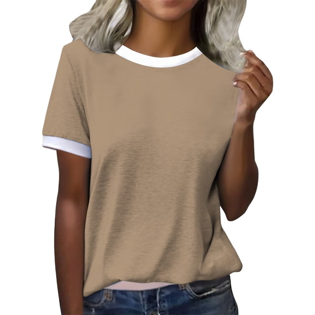 Ploknplq Tshirts Shirts for Women,Going Out Tops for Women,Shirts for Women,Spring Round Neck Color Blocked Loose Casual Short Sleeve T Shirt,Womens Blouses,Loose Shirts for Women Khaki L