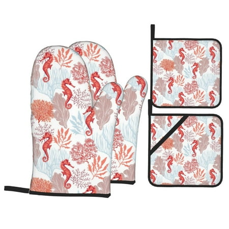 

Oven Mitts and Pot Holders 4 Piece Tropical Corals Seahorse High Heat Slip Resistant Oven Mitt and Trivets Set Kitchen Oven Glove Pot Holders for Cooking Baking Grilling