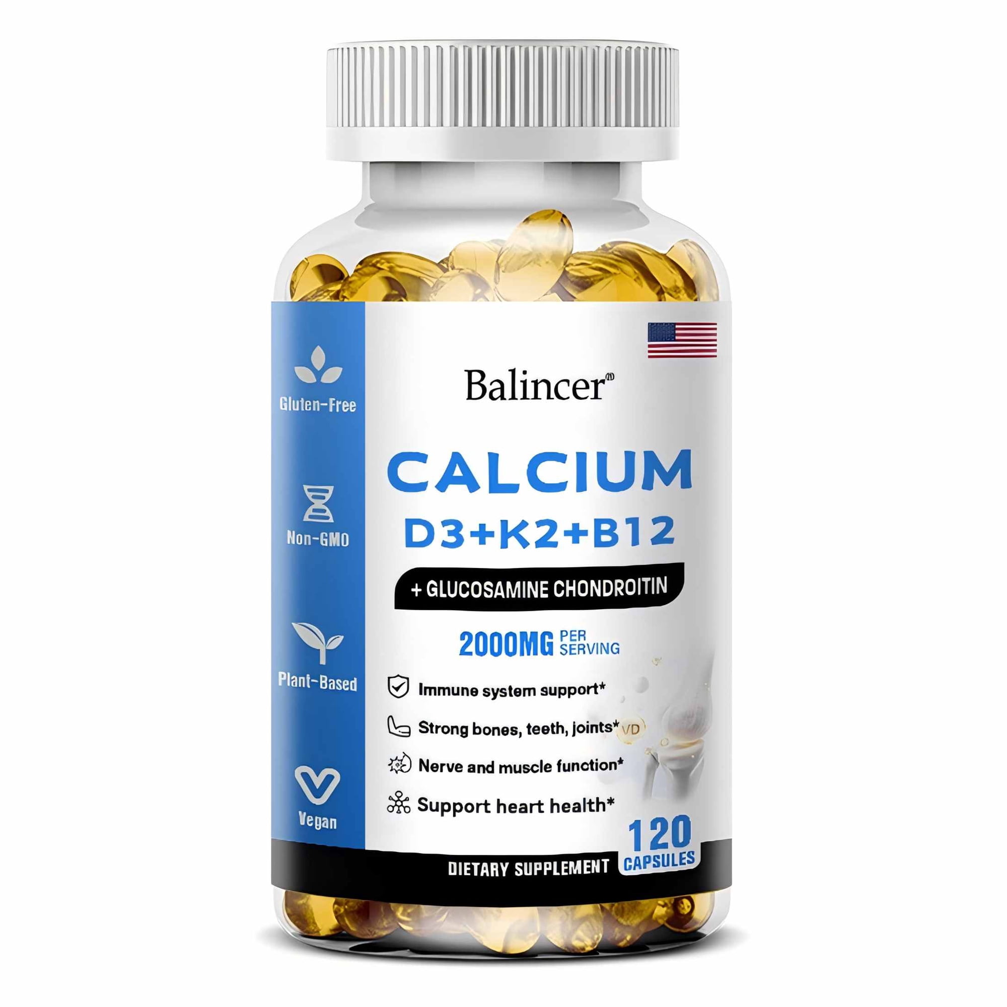 Balincer Calcium & Vitamin D3 Supplement, with Calcium D3+K2+B12, Support Immune Health, 120 Capsules
