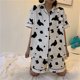 thumbnail image 1 of Pijamas de mujer verano primavera seda leche estampado de vaca cárdigan con solapa manga corta y larga de dos piezas dulce Casual ropa de casa para mujer L, 1 of 5