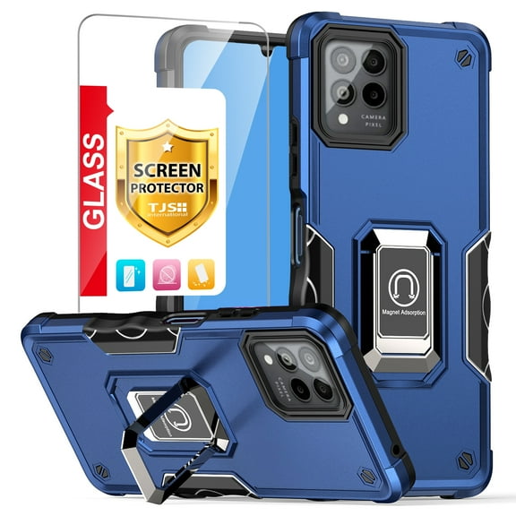 TJS for T-Mobile Revvl 6x Pro 5G / 6 Pro 5G Phone Case, with Tempered Glass Screen Protector, Metal Ring Magnetic Support Kickstand Military Protector Bumper Cover (Blue)