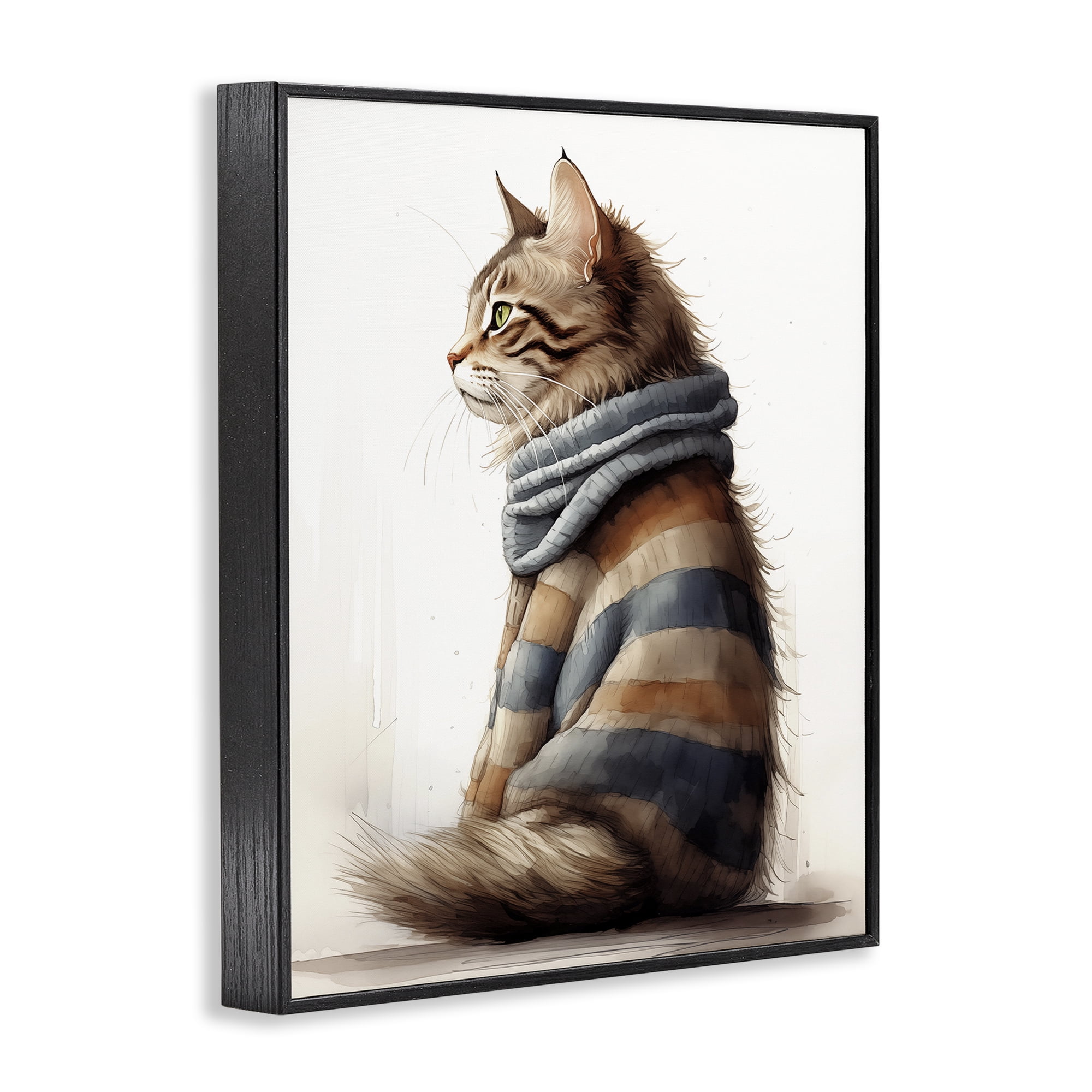 Stupell Industries Cat in Striped Sweater Animals & Insects Painting Black Framed Art Print Wall Art, 16 x 20