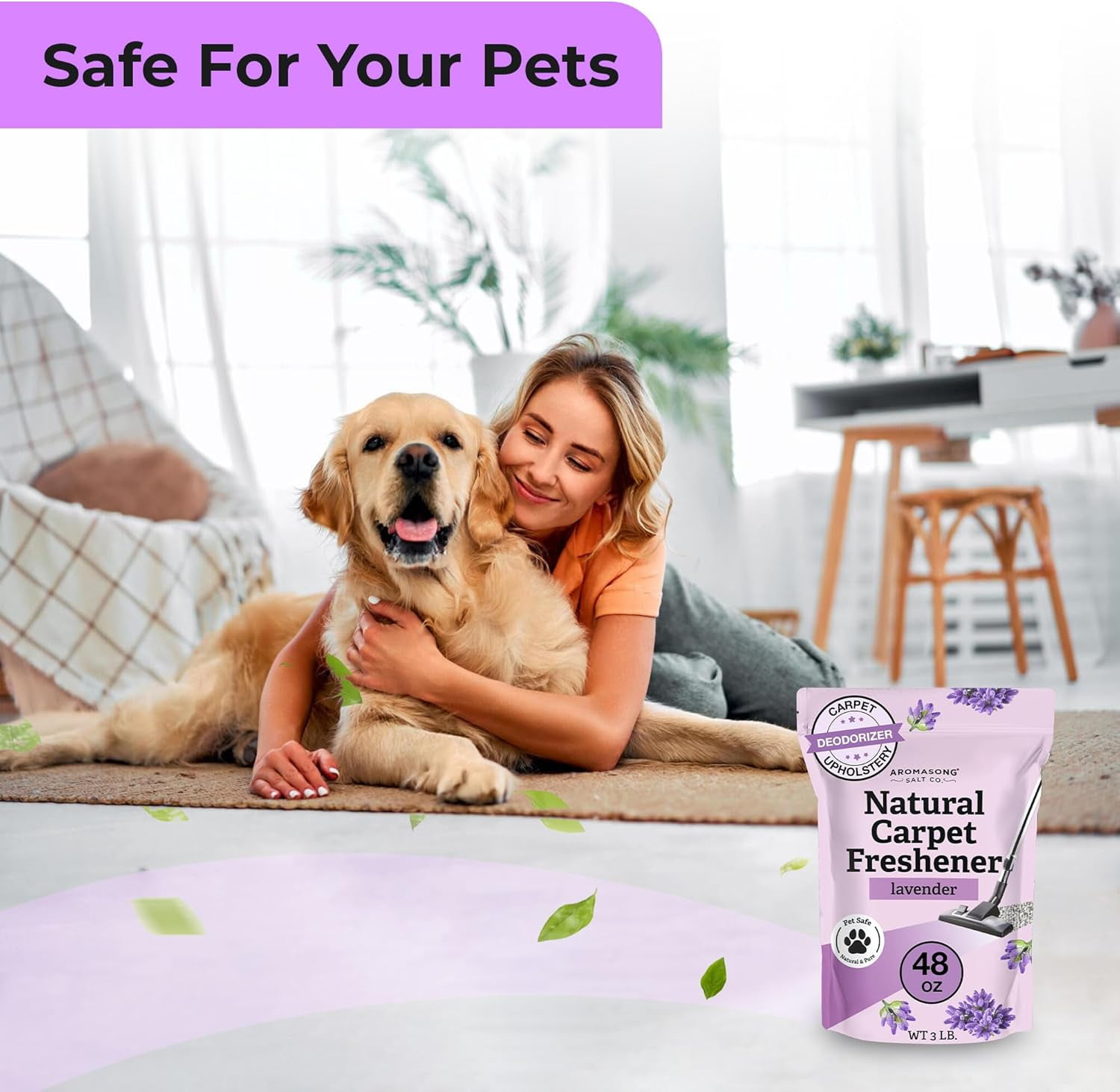 Aromasong Natural Lavender Carpet Deodorizer Powder, Safe for Pets, Upholstery & Pet Odor Eliminator, 48 oz